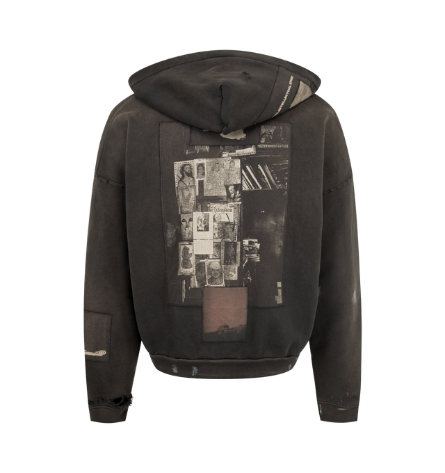 Image 2 of 2 - GREY - ENFANTS RICHES DEPRIMES God With Revolver Zip Hoodie featuring Heavyweight brushed French terry hoodie, boxy drop shoulder fit, double layer hood, kangaroo pocket, rib knit cuffs waistband, all over patchwork print, monogram branded hardware, vintage wash finish and full body distressing. 100% cotton.