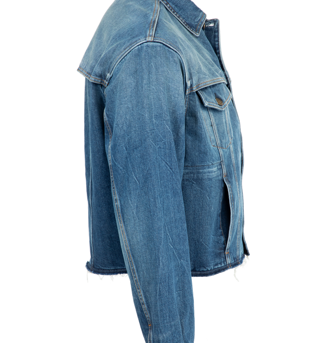 Image 3 of 3 - BLUE - MAISON MARGIELA Denim Jacket featuring cropped proportions, single flap pocket at the elbow, chest flap pocket and a disrupted front pocket, raw hem, button closure and signature four stitches at the back. 100% cotton. Made in Italy.