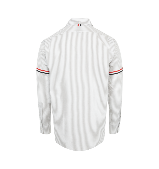 Image 2 of 2 - GREY - Thom Browne Men's elevated long sleeve button-front shirt crafted from madras striped cotton featuring chest patch pocket, nametag applique, grosgrain armbands, pleated back yoke with locker loop and signature striped grosgrain loop tab. 100% Cotton. Made in Italy.
