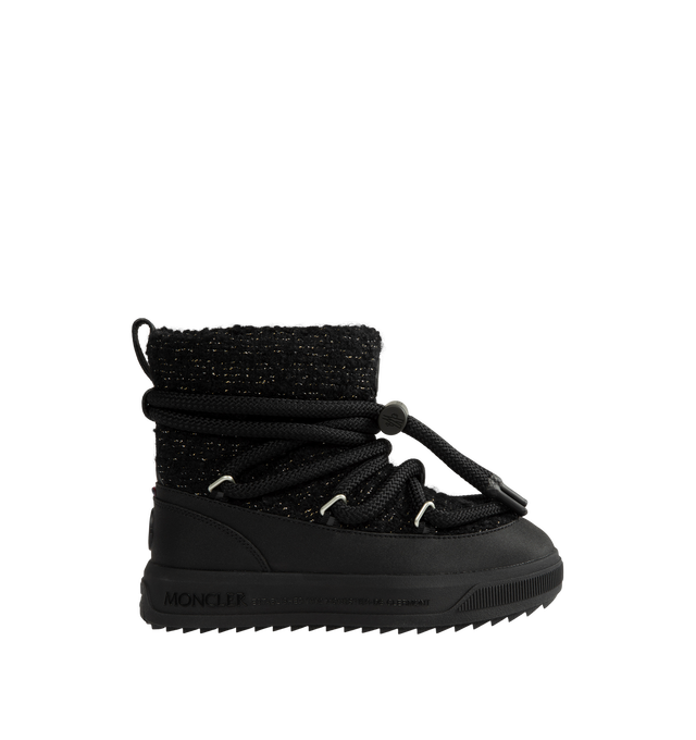 Image 1 of 4 - BLACK - Moncler Women's Altive Mid Snow Boots are crafted from a wool-blend boucl upper woven with subtle metallic gold threads and feature a mid-height snow boot silhouette, a round toe, and a wraparound drawstring closure. Designed for cold-weather performance, this style is equipped with an EVA midsole, a Vibram Megagrip outsole for enhanced traction and durability, and an OrthoLite insole for lasting comfort. A pull tab at the back and nylon lining complete the functional design. Main Mat
