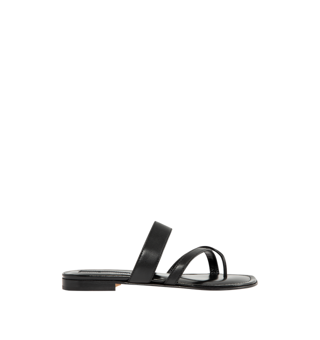 Image 1 of 4 - BLACK - MANOLO BLAHNIK Susa Leather Crossover Flat Sandals featuring nappa leather open toe sandals with crossover straps and flat stacked heel. Upper: 100% lamb nappa. Sole: 100% calf leather. Lining: 100% kid leather. Heel measures 10 mm. Made in Italy.