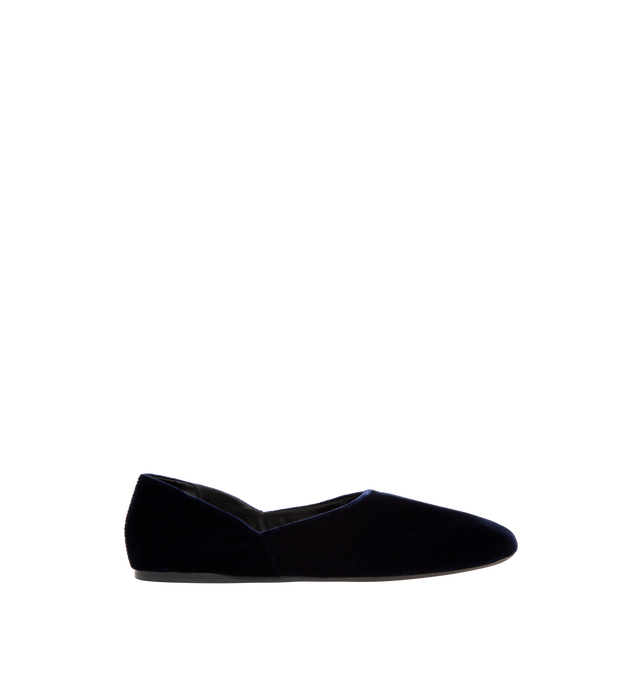 Image 1 of 4 - BLUE - Khaite Women's Velvet Flats are crafted from soft velvet textile and features a slipper-inspired silhouette, a rounded vamp, and a signature gold staple detail. Designed for everyday comfort, this refined flat is lined in suede and finished with a padded insole. Main Material: Textile. Lining: Leather. Insole: Padded.