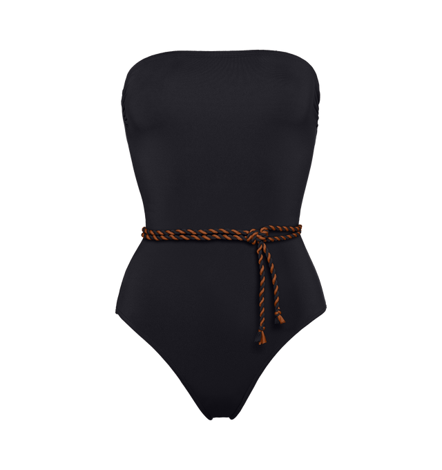 Image 1 of 5 - BLACK - ERES Majorette One-Piece Bustier Swimsuit featuring two-tone twisted belt to tie at the waist, gripper tape and side shirring. 84% Polyamid, 16% Spandex. Made in Morocco. 