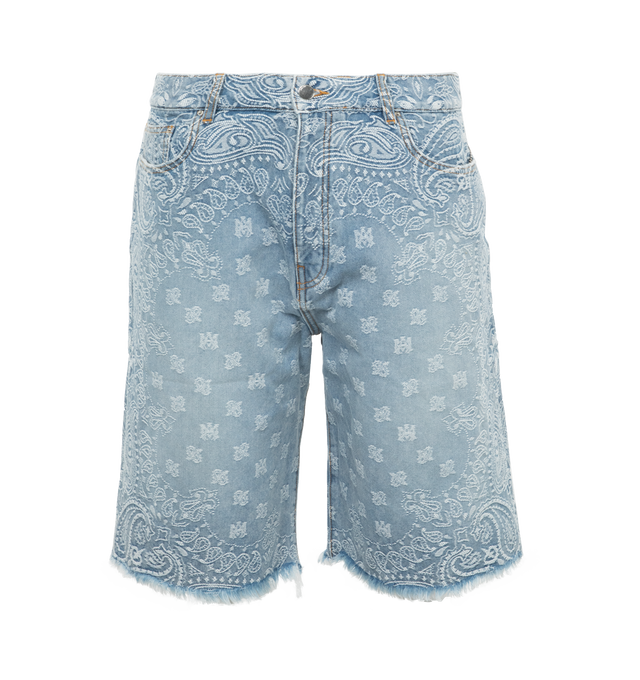 Image 1 of 4 - BLUE - AMIRI Bandana Jacquard Skater Short featuring button fly, 5-pocket design, light fading detail and tonal paisley embroidery throughout. 100% cotton. Made in USA. 