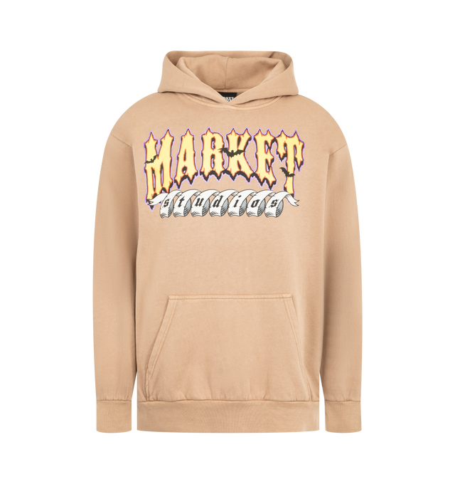 Image 1 of 2 - BROWN - MARKET No Guts No Glory Hoodie featuring pullover sweatshirt with fixed hood, graphic print on front and back, pouch pocket, ribbed knit trims and regular fit. 80% cotton, 20% polyester.