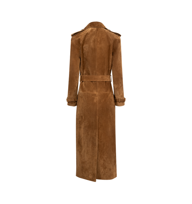 Image 2 of 3 - BROWN - SAINT LAURENT Trench Coat in Suede featuring cupro and cotton lining, double-breasted, eight-button closure, two patch pockets with flap at the front, one inner jetted pocket, two-way ulster collar, strapped cuffs, adjustable and detachable belt, buttoned epaulets and single back vent. 100% cowhide. Made in Italy.