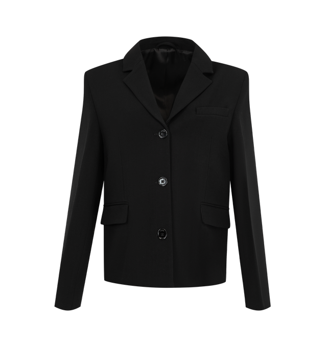 Image 1 of 2 - BLACK - Toteme Women's Short Stretch Wool Blazer features a shorter, boxy cut crafted from a fine stretch wool blend. Fully lined with double jet pockets, and one chest pocket. Can be worn with the coordinating trousers for a tailored look. Materials: 96% RWS wool, 4% elastane; lining: 100% viscose.