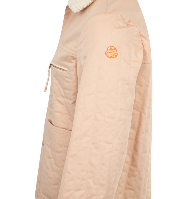 Image 3 of 4 - PINK - Moncler x Gilga Farm Designed by Donald Glover Kishus Padded Shirt Jacket featuring stretch cotton gabardine, longue saison lining, padded, detachable knit collar, snap button closure, patch pockets, chest pocket with zipper closure and logo patch. 74% cotton, 24% lyocell, 2% elastane/spandex. Lining: 100% polyamide/nylon. Collar: 100% virgin wool. Padding: 100% polyester. Made in Romania.