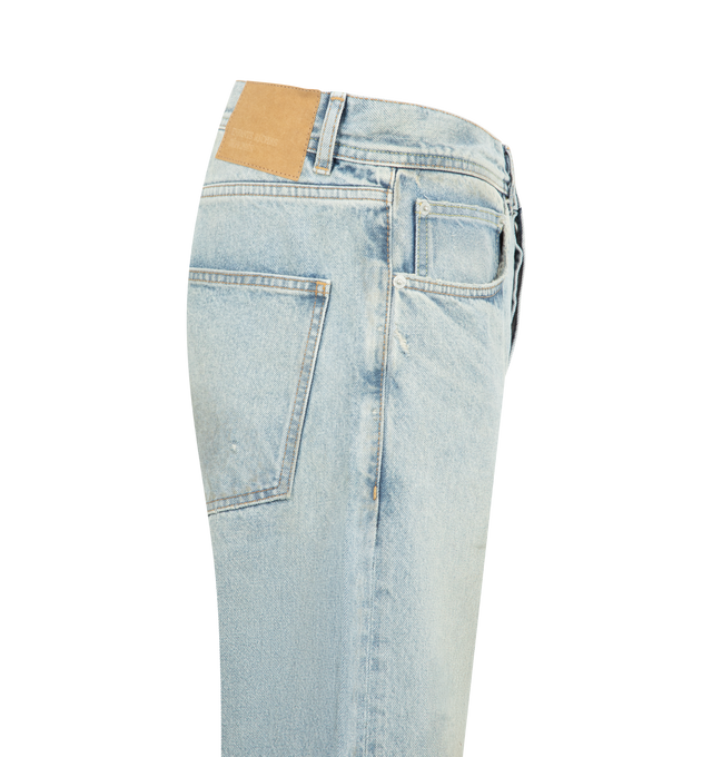Image 3 of 3 - BLUE - ENFANTS RICHES DEPRIMES Flare Jeans featuring 13oz Japanese denim, mid rise, 5 pockets style, button fly, belt loops at waist, embossed logo patch at back waistband and distressing throughout. Cotton.