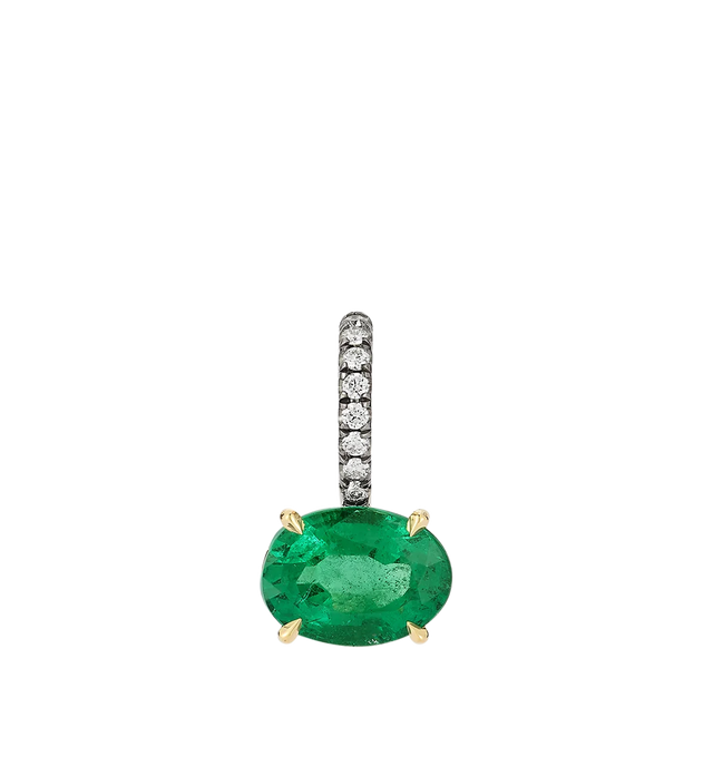 Image 2 of 3 - GREEN - JEMMA WYNNE Horizontal Ambian Oval Emerald and Diamond Prive Charm featuring 18kt yellow gold, One of a Kind, horizontal oval emerald stone set in yellow gold with blackened pave diamond bail. 1.8CT emerald, .06CT diamond. 15.5MM. Hirshleifers offers a range of initial pieces from this collection in-store. For personal consultation and detailed information about jewelry, please contact our dedicated stylist team at personalshopping@hirshleifers.com. This item may be restricted for onl