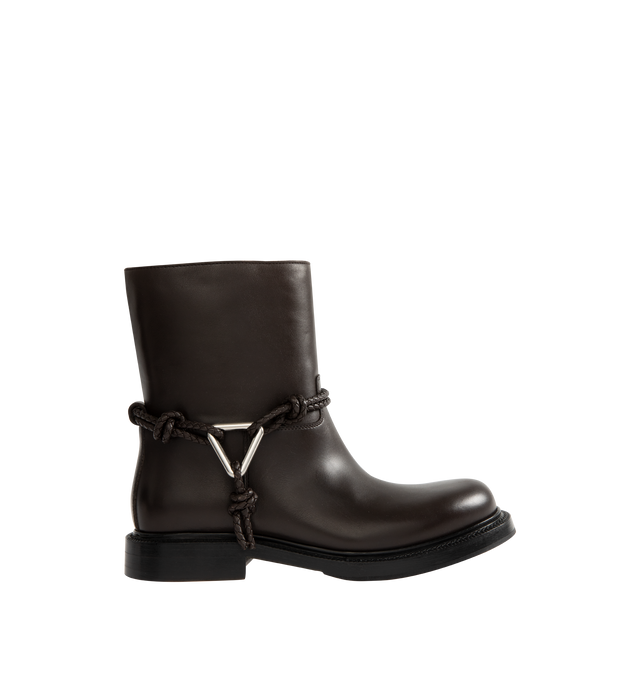 Image 1 of 4 - BROWN - BOTTEGA VENETA James Ankle Boot featuring round toe, pull-on style and braided strap at ankle with silver-tone hardware. 0.5" heel. Leather upper, lining, and sole. Made in Italy.