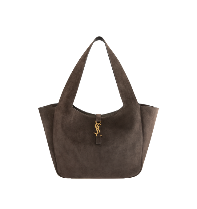 Image 1 of 3 - BROWN - SAINT LAURENT Le 5 7 Bea Suede Bag featuring supple tote in suede, lightweight and fully lined in tonal suede, inner zip pocket, leather tab closure decorated with the cassandre, east/west format and inner ties allow the sides to be collapsed or expanded to create different silhouettes. 19.7" x 11" x 7.1". Calfskin. Made in Italy.