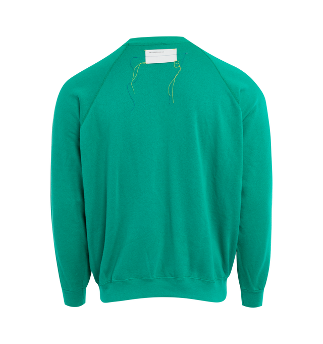 Image 2 of 4 - GREEN - This vibrant emerald green upcycled vintage sweatshirt features raglan sleeves, "1910" applique at the front, Transnomadica label at the back.  50% cotton / 50% polyester. Measurements: 26 inches in length from neckline to front hem, 26 inches from armpit-to-armpit. This collection of vintage sweatshirts, exclusively for 1910 at Hirshleifers, each featuring a hand-crafted 1910 applique at the front and Transnomadica tag at the back. Each piece features unique fit, color and design d 