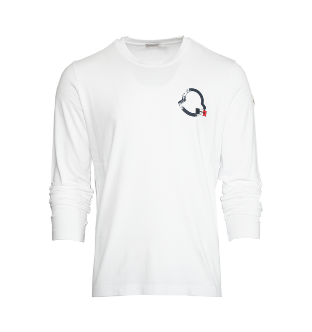 Image 1 of 2 - WHITE - MONCLER Logo Outline Long Sleeve T-Shirt featuring crew neck, long sleeves, tricolour outline logo and embossed logo lettering. 100% cotton. 