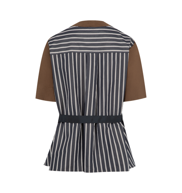 Image 2 of 2 - BROWN - SACAI Poplin x Cotton Knit Pullover featuring crew neck, short sleeves, cotton poplin and knit cotton-blend top, layered hem, box pleat at back yoke and cinch strap at back waist. 100% cotton. 65% cotton, 35% polyester.