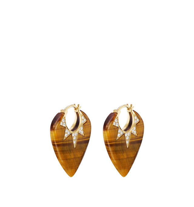 Image 1 of 1 - BROWN - SORELLINA Classic Guitar Pick Earrings featuring handcrafted 18K yellow gold earrings in a guitar pick shape with carved tiger's eye and 0.48 cttw G-H/SI diamonds. 25 mm x 20 mm.