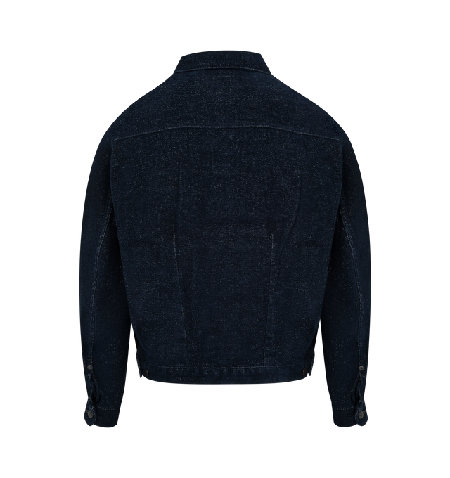 Image 2 of 2 - NAVY - NEEDLES Darts Bottom Jean Jacket featuring an authentic denim jacket design, darts at the front, back hems, a three-dimensional, puffed-out effect, chenille weaving and button front closure. 56% cotton, 44% paper. Made in Japan.