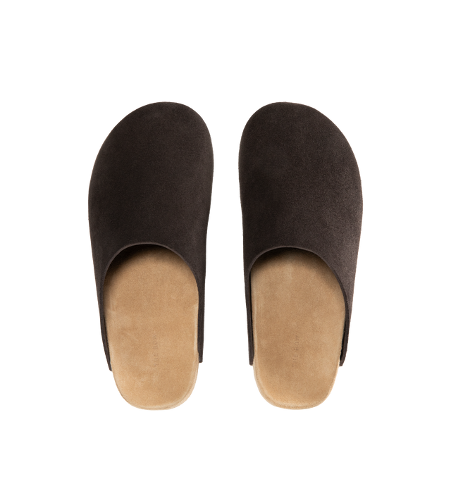 Image 4 of 4 - BROWN - THE ROW Hudson Two Slip On Mule featuring relaxed slip-on shoe in natural calfskin suede with round toe, contoured footbed, and durable rubber sole. 100% calfskin leather. Made in Italy.