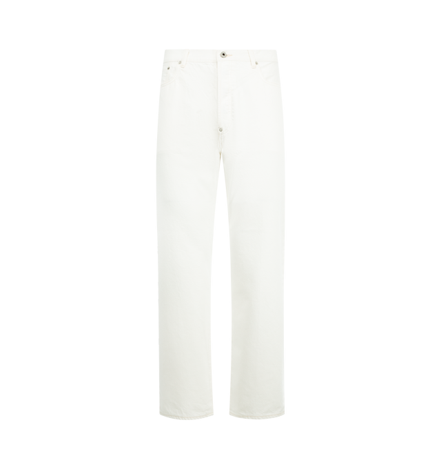 Image 1 of 3 - WHITE - POST O'ALLS No. 10 Five Pocket Jean featuring a moderately loose silhouette, 5 pocket style, a back strap at the waist, exposed rivets on the hip pockets and button zip closure. 100% cotton. Made in Japan.