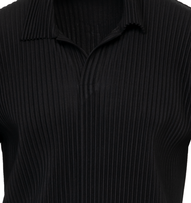 Image 3 of 3 - BLACK - ISSEY MIYAKE Pleated Polo Shirt featuring open collar, short sleeves and pullover style. 100% polyester.  