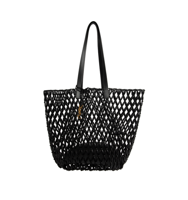 Image 1 of 4 - BLACK - SAINT LAURENT Beaded Shopping Bag featuring a distinct, unlined, and handcrafted design, two leather flat handles and a detachable leather keychain accessory. 35 cm x 29 cm x 25 cm. 100% wood beads. Made in Italy.