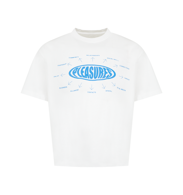 Image 1 of 2 - WHITE - PLEASURES Overview Logo T-Shirt featuring crew neck, short sleeves, dropped shoulders and graphic print on front. 100% cotton.