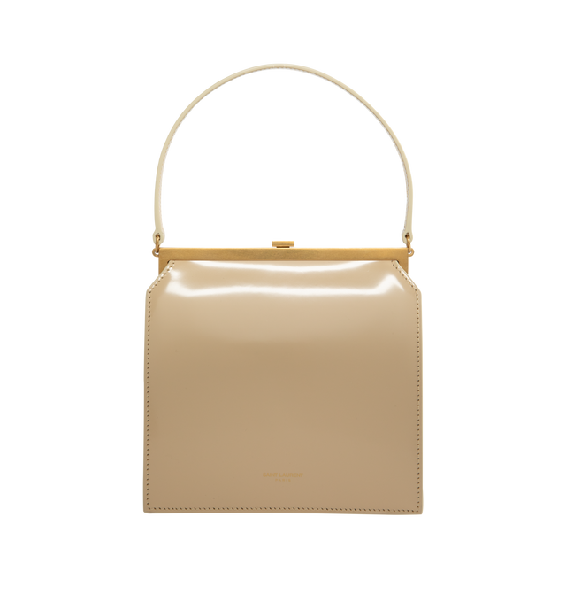 Image 1 of 3 - CHAMPAGNE - SAINT LAURENT Nuit Blanche Handbag featuring a square clasp engraved with the SAINT LAURENT PARIS signature, leather lining, bronze-toned hardware and sliding clasp closure. 6.7" x 6.7" x 1.6". Calfskin. Made in Italy.