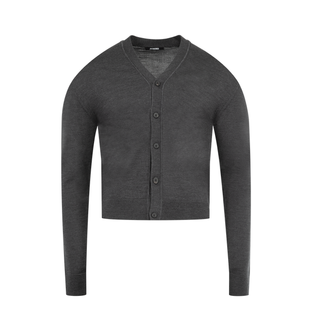 Image 1 of 2 - GREY - JACQUEMUS Le Cardigan Brode Cardigan featuring knit merino wool and nylon blend cardigan, rib-knit Y-neck, hem, and cuffs, button closure and logo embroidered at back. 96% merino wool, 4% polyamide. Made in Portugal.