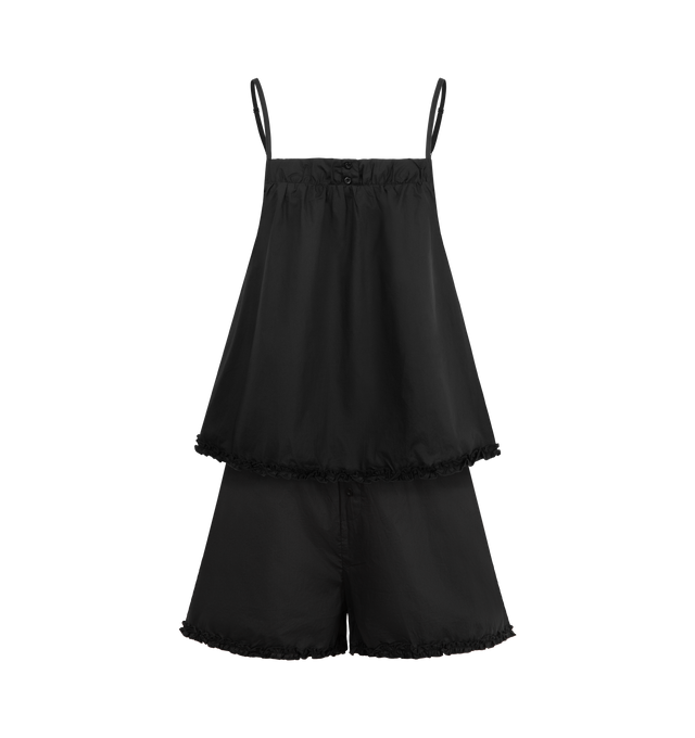 Image 1 of 6 - BLACK - DEIJI STUDIOS Yoke Set featuring relaxed babydoll top, straight neckline with button closure, gathered yoke seam, lettuce frill hem detail and fine, adjustable straps pairs back with an easy pull on short featuring double button detailing, elastic waistband and baby lock lettuce frill hem. 100% organic cotton poplin.