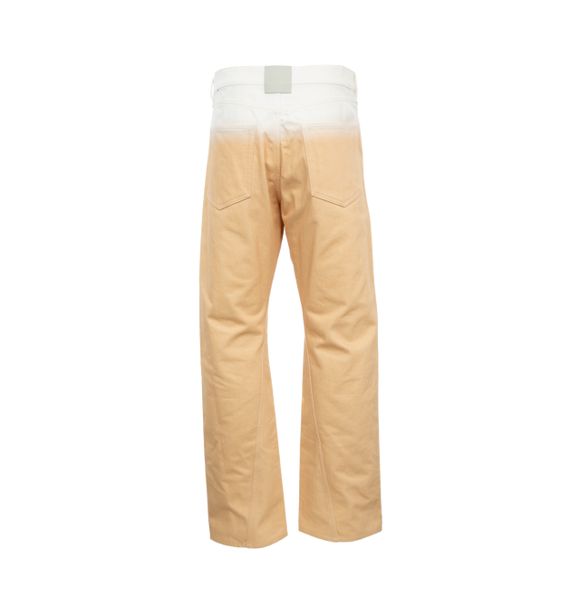 Image 2 of 4 - NEUTRAL - LANVIN Twisted Pants featuring gradient-effect twisted pant in denim, tie and dye motif, new Lanvin jacron leather square in back and contrasting diagonal double topstitching on the front. 100% cotton. Made in Italy. 