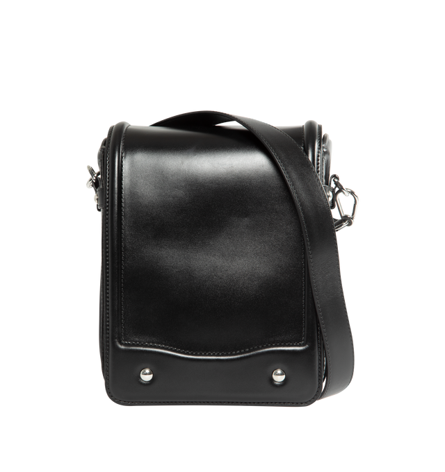 Image 1 of 3 - BLACK - LEMAIRE Ransel Bag featuring vegetable-tanned polished leather, adjustable and detachable shoulder strap, rivets at face and sides, logo embossed at back face, foldover flap, magnetic press-stud closure, patch pocket at interior and cotton canvas lining. H9.5" x W7.5" x D3.25". 100% leather. Lining: 100% cotton. Made in Spain. 