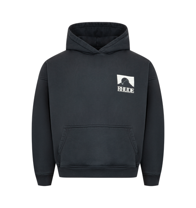 Image 1 of 2 - BLACK - RHUDE Moonlight Pack Hoodie featuring fixed hood, ribbed cuffs and hem, logo on front and kangaroo pocket. 100% cotton. Made In USA.