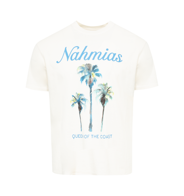 Image 1 of 2 - WHITE - NAHMIAS Palm Tree Coast T-shirt featuring ribbed crewneck, short sleeves and graphic printed on front. 100% cotton.  