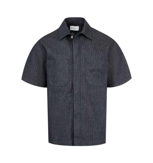 Image 1 of 4 - BLUE - GIVENCHY Denim Shirt featuring relaxed-fit, collar, short sleeves and concealed closure. Cotton. Made in Italy.