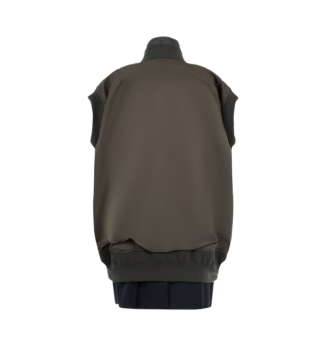 Image 3 of 3 - GREEN - Sacai Women's Nylon Twill Suiting Vest featuring a deconstructed hybrid silhouette and a prominent two-way front zipper. Materials: 100% Nylon; Attached Parts: 70% Polyester, 30% Wool.
