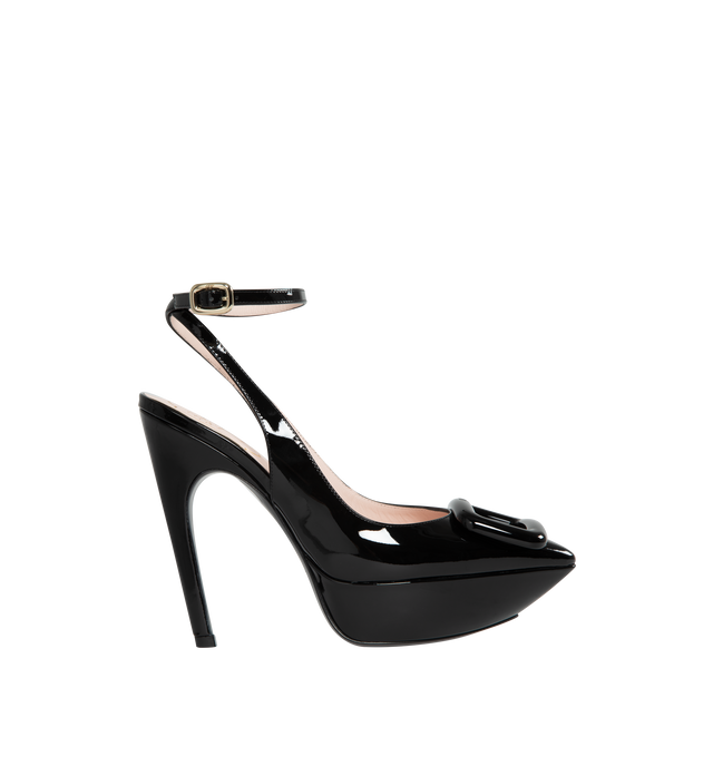 Image 1 of 4 - BLACK - ROGER VIVIER Viv' Choc Lacquered Buckle Slingback Pumps in Patent Leather featuring tapered toe, branded lacquered buckle, ankle strap, leather insole and leather outsole with covered platform. Heel 4.9 inches.  