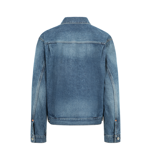 Image 2 of 3 - BLUE - SACAI Denim Jacket featuring a boxy silhouette, double-breasted front, gold-toned buttons, one button cuffs, buttoned pockets on chest, side slit pockets and adjustable tabs at the waist. 100% cotton. Made in Japan.