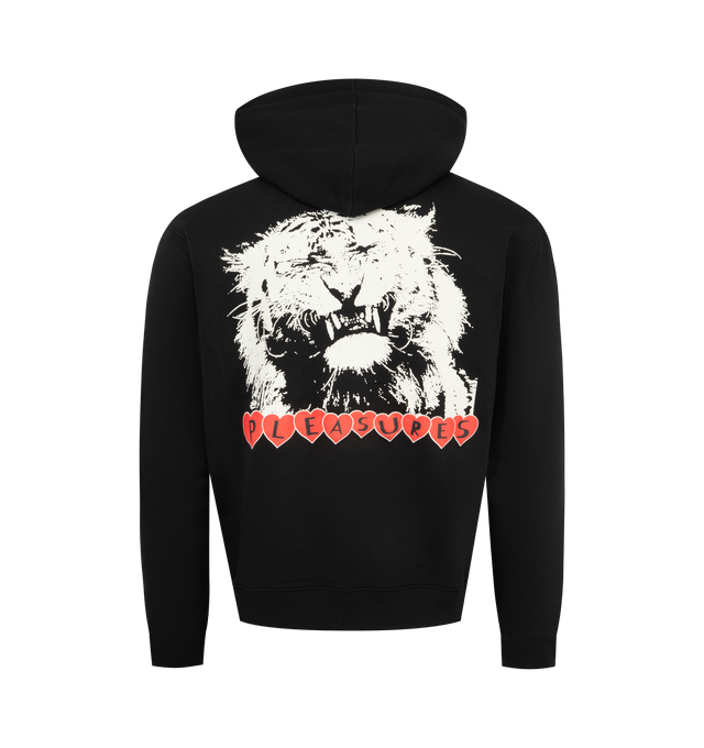 Image 2 of 2 - BLACK - PLEASURES Grin Hoodie featuring relaxed fit, drawstring hood, graphic on front and back, ribbed cuffs and hem and kangaroo pocket. 65% cotton, 35% polyester.