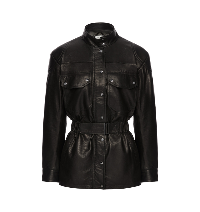 Image 1 of 2 - BLACK - MAGDA BUTRYM Belted Utility Jacket featuring a structured utility-inspired silhouette with feminine definition, a high snap-button collar, concealed front zipper, contrast snap closures, gathered waist with an additional belt detail cinches the shape, flap pockets at the chest and vertical welt pockets at the hips. 100% sheep leather.