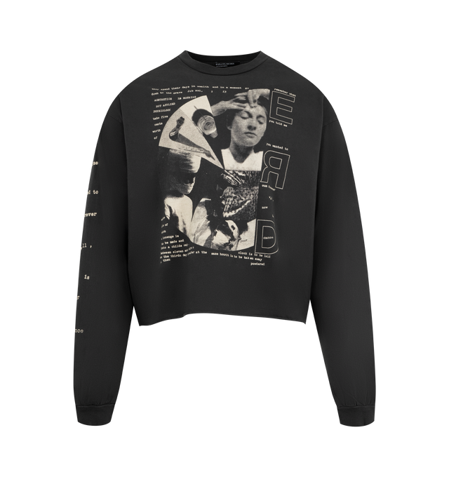 Image 1 of 3 - BLACK - ENFANTS RICHES DEPRIMES Living Altar Long Sleeve T-Shirt featuring heavyweight cotton jersey, a boxy, cropped fit with a rib knit neckline and cuffs, a raw hem, and printed artwork at the front, back, and right sleeve. 100% cotton. Made in the USA.