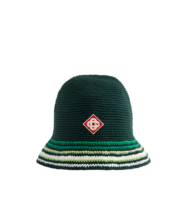 Image 1 of 2 - GREEN - CASABLANCA Striped Crochet Hat featuring a classic bucket-style silhouette, crafted from a soft-textured open weave crochet cotton fabric, striped brim and the house's signature diamond logo applique at its centre. 100% cotton.