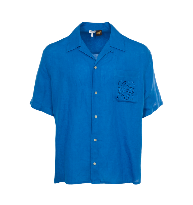 Image 1 of 3 - BLUE - LOEWE PAULA'S IBIZA Linen featuring relaxed fit, regular length, camp collar, short sleeves, button front fastening, chest patch pocket, straight hem and Anagram ajour embroidery placed on the chest pocket. Linen. Made in Portugal. 
