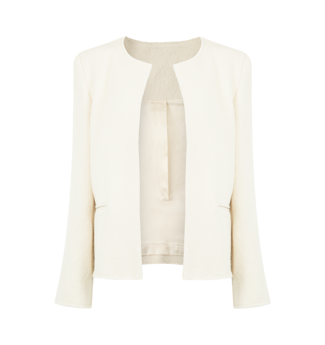 Image 1 of 2 - WHITE - TOTEME Open-Front Boucl Blazer featuring relaxed fit, classic box jacket with oversized proportions and pared-back details, textured boucl, an open front and raw-edged finishes. 32% wool, 23% acrylic, 18% recycled wool, 14% recycled acrylic, 13% polyester.