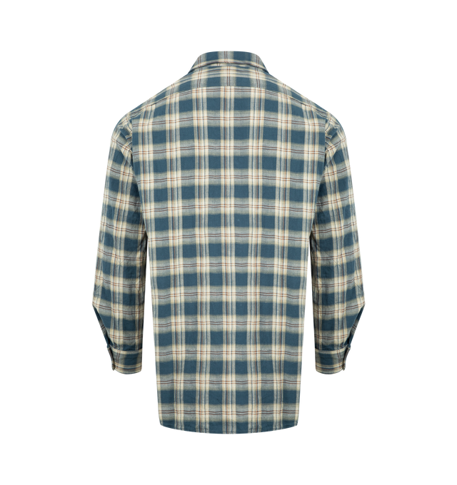 Image 2 of 2 - BLUE - ENGINEERED GARMENTS Work Shirt featuring relaxed fit, standard collar, button front closure, buttoned chest patch pockets, large side gussets for movement, barrel cuffs with button closure, reinforced elbows and curved hem. 100% cotton. Made in USA.