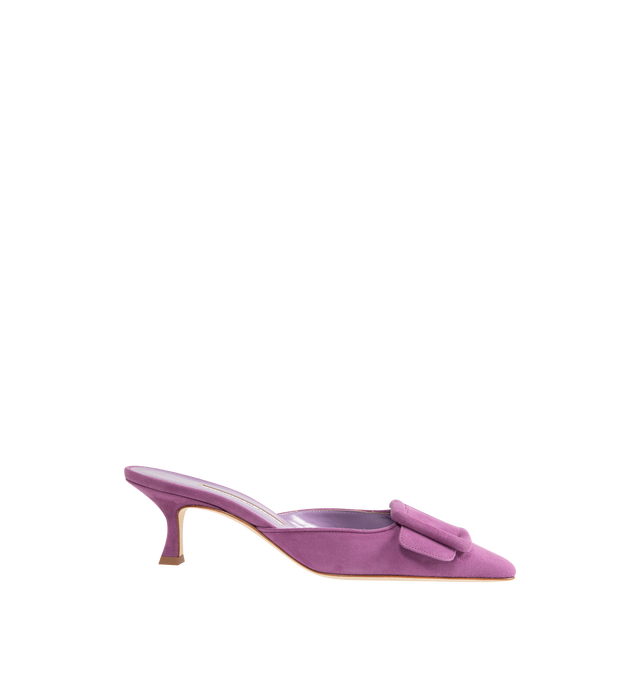 Image 1 of 4 - PURPLE - MANOLO BLAHNIK Maysale Suede Pointed Mules featuring suede buckle and kitten heel. 50mm. 100% leather. Made in Italy.