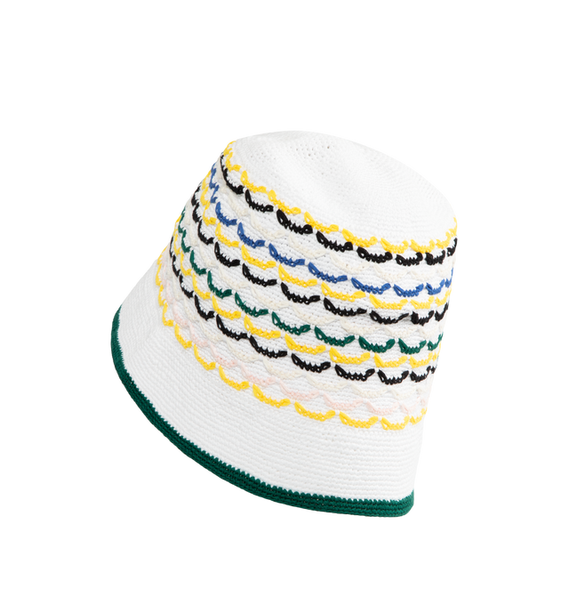 Image 2 of 2 - WHITE - CASABLANCA Tuck Stitch Hat featuring bucket-style design, signature diamond logo at its centre, crafted from a soft textured cotton fabric and contrast edge detail on brim. 100% cotton.