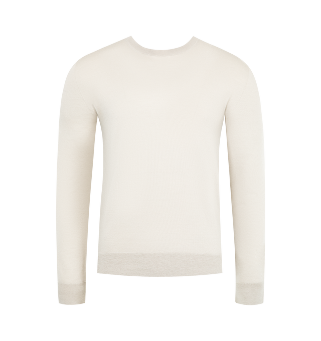 Image 1 of 2 - WHITE - THE ROW Dioniso Sweater featuring classic crewneck sweater in ultrafine cashmere jersey with relaxed fit, covered stitch detailing, and ribbed neckline, cuffs, and hem. 100% cashmere. Made in Italy.