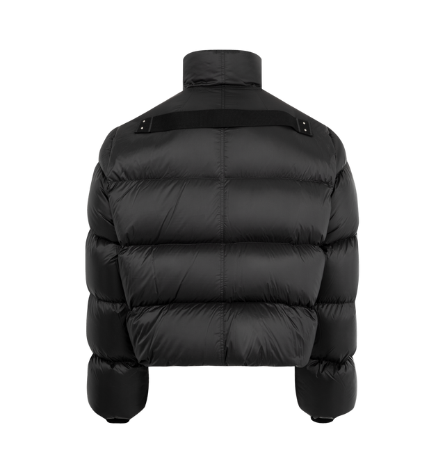 Image 2 of 3 - BLACK - Rick OwensTurtle duvet jacket crafted from black lightweight nylon. Padded and quilted jacket cropped below the waist featuring a center front zipper, high tube neck collar with bias zipper and snaps, side-front welt pockets and a signature cotton webbing strap with rivet detail at the back yoke. 100% nylon (recycled) with 100% new wool knit rib cuffs, cotton/elastane pocket lining and goose down/mallard feather padding.