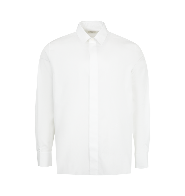 Image 1 of 2 - WHITE - SAINT LAURENT Cassandre Shirt in cotton poplin featuring a pointed collar, cassandre embroidery at the hip, concealed front button closure, one-button cuffs, straight hem and back center box pleat. 100% cotton.