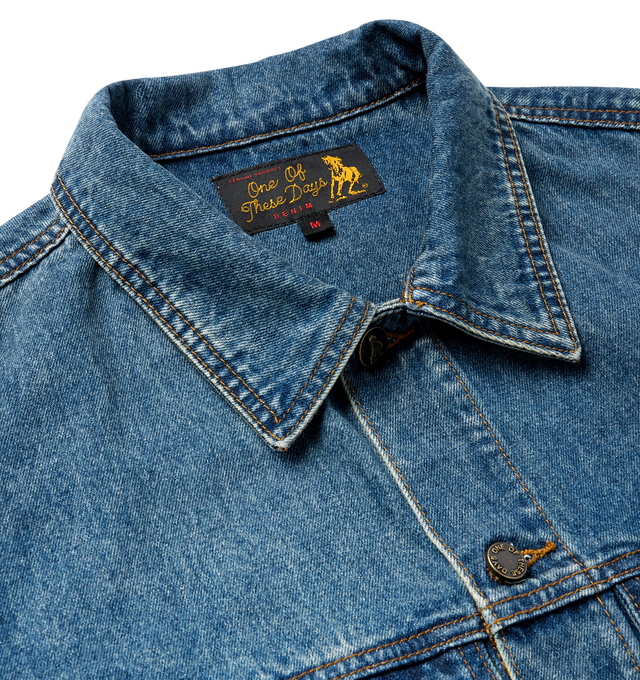 Image 3 of 4 - BLUE - ONE OF THESE DAYS Denim Trucker Jacket featuring button-front, branded suede label, spread collar, 4-pocket design, adjustable waist tabs, buttoned cuffs and branded hardware. 100% cotton.